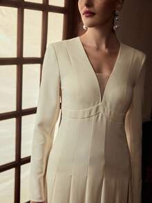 ZEYLAH Women's Elegant Solid Color V-Neck Ruched Waist Dress