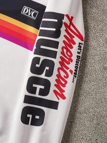 Discovery X SHEIN 男士字母条纹圆领长袖套头衫，秋季 - 杏色 - 查看 5