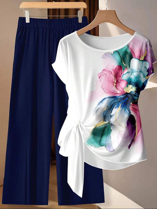 SHEIN Clasi Conjunto de 2 piezas de talla grande con estampado floral acuarela romántico, otoño