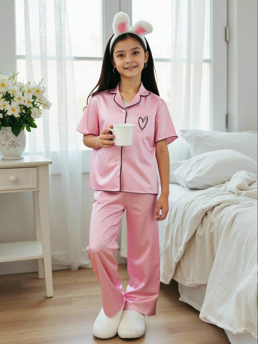 SHEIN 青少年女孩可爱印花睡衣套装,适合日常穿着的休闲家居服 - 粉色 - 查看 1