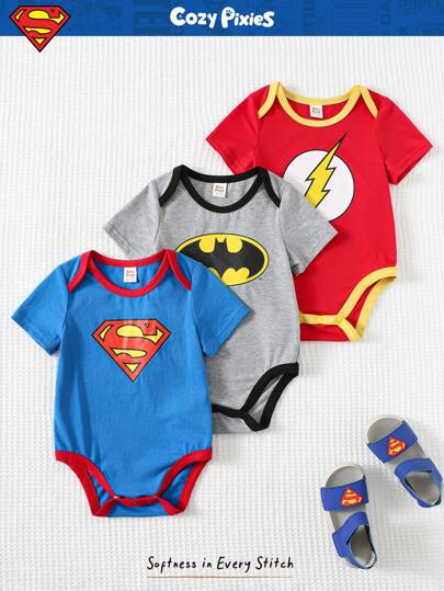 Cozy Pixies SUPERMAN X Cozy Pixies 3pcs Baby Boy Lightning Pattern Contrast Color Soft Knit Crew Neck Short Sleeve Romper Set
