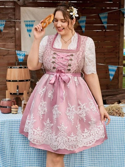SHEIN Frenchy 大码优雅复古奢华蕾丝拼布系腰方领粉色连衣裙，适合德国传统节日啤酒节、连衣裙