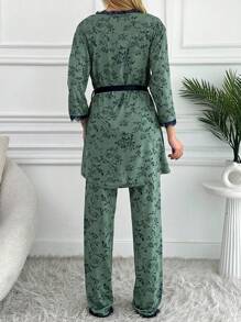 EURMUSE 100%纯棉3件套女士纯棉花朵印花蕾丝家居睡衣套装