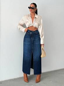 EURMUSE 100% Baumwolle ASYMMETRISCHER GÜRTEL MIT SCHLITZDETAIL MAXI Denim Rock - Mittele Waschung - Übersicht 6