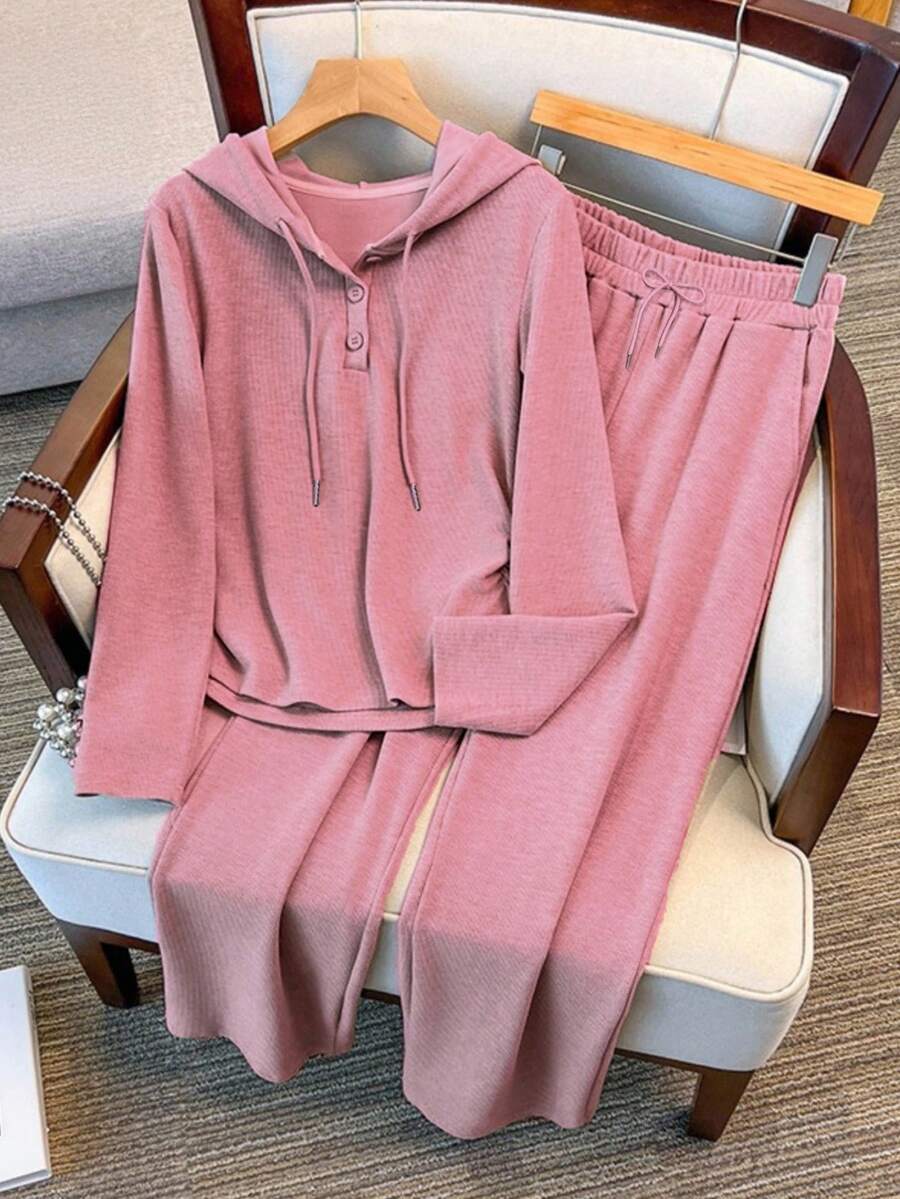 Franclia 2pcs Women Solid Color Hoodie Top And Pants Set Fall Cloth For Women - Pink - View 1