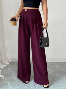 Elenzga 女士优雅秋季腰部设计不对称金属装饰简约纯色西装裤 - 中紫紅色 - 查看 1