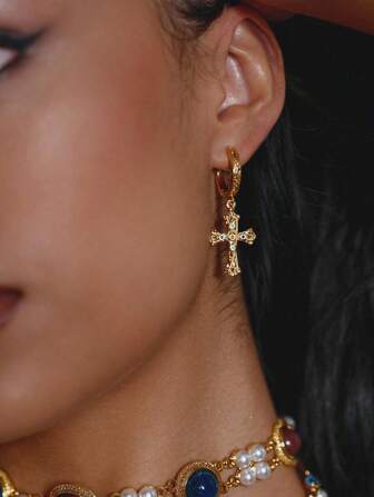 Glisma 18K Gold-Plated 1 Pair Textured, Metallic, Rhinestone, Cubic Zirconia, Cross Design Earrings For Party, Casual, Concert/Festival, Night Club, Cute, Luxury, Wedding, Holiday, Vacation, Camping, Y2K, For Mom, Women, Girls, Fall, Autumn, Winter, Festival, Holiday, Vacation, Old Money, Halloween