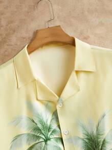 Manfinity VCAY 男士休闲编织棕榈树印花渐变色领短袖衬衫 - 黃色 - 查看 3