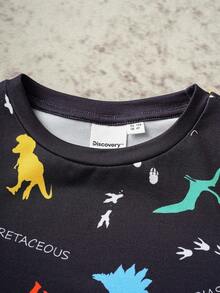 Discovery X SHEIN Jeune garçon T-shirt à manches longues col rond imprimé dinosaure coloré, noir
