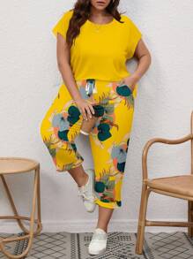 EMERY ROSE Plus Size Boho Summer Vacation Holiday Yellow Crew Neck T-Shirt & Tropical Plant Print Pocket Capri Pants 2pcs Set For Spring ,Flower Style - Multicolor - View 5