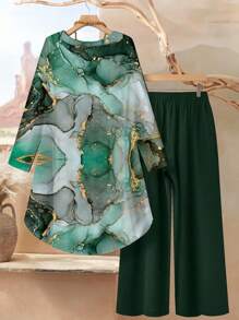 Rusticease 大理石纹理图案加大码女式优雅休闲宽松长袖上衣和裤子两件套，适合秋冬季 - 綠色 - 查看 2