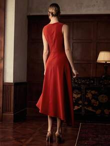 ZEYLAH Women's Round Neck Sleeveless Pleated Elegant Embroidered Midi Dress - Red - View 3
