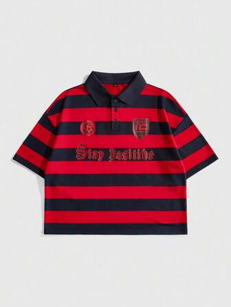 Prep Men's Contrast Color Half-Placket Casual Letter Striped Polo Shirt, American Retro Style