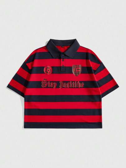 Prep Men's Contrast Color Half-Placket Casual Letter Striped Polo Shirt, American Retro Style