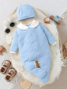 SHEIN Playful Pals Baby Girls Knit Jumpsuit With Vintage Twist Cord Collar, Long Sleeve Button Back Footied Jumpsuit, Soft & Comfy Suitable For Everyday, Outings, Travel, Vacation, Home, Daycare And Play