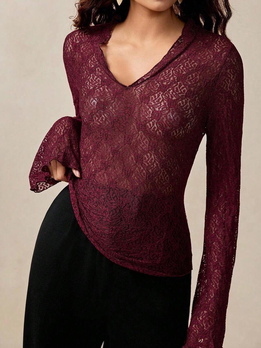 Florisole Women's Elegant Romantic Bohemian Lace T-Shirt Fall Cloth For Women