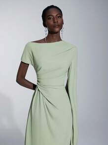 Elitara Elegant Asymmetric Sleeve Ruffle Hem Long Sleeve Dress, Suitable For Wedding, Party, Date, Formal Bridesmaid Event