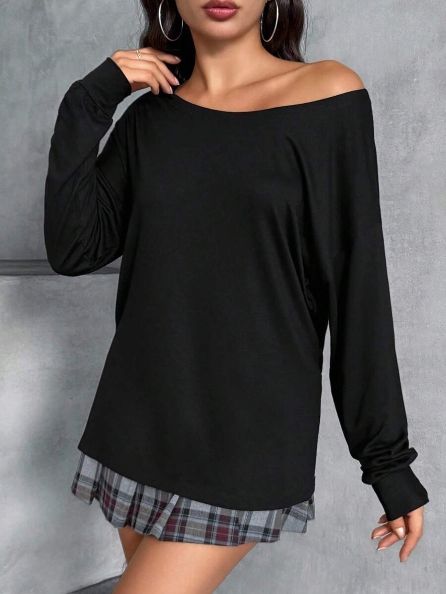 EURMUSE Solid Asymmetrical Neck Ruched Satin Blouse One Shoulder Top, Elegant Style - Black - View 1