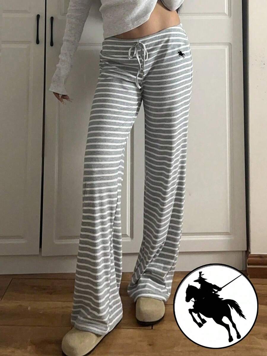 CovetEZ 低腰条纹拉绒抽绳腰部小马印花瑜伽休闲阔腿裤，秋冬