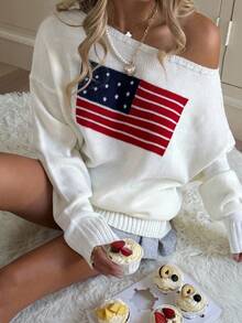 SHEIN 少女超大号不对称肩部宽松休闲套头衫，带有国旗图案，新年夜长袖运动衫上衣，保暖，时尚街头，休闲运动，英语图案，少女服装，百搭，宽松版型，返校，运动，学院，复古 - 白色 - 查看 5