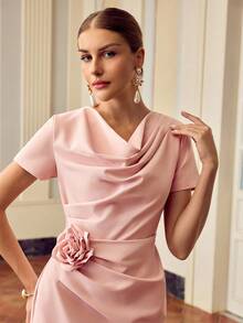 ZEYLAH 女士不对称荷叶边领口时尚粉色连衣裙 - 粉色 - 查看 4