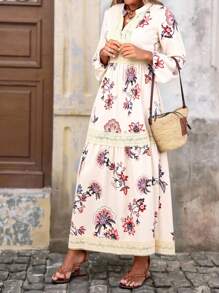 Brillora Váy ren tay đèn lồng họa tiết hoa tương phản dành cho kỳ nghỉ của phụ nữ - Màu be - Xem 7