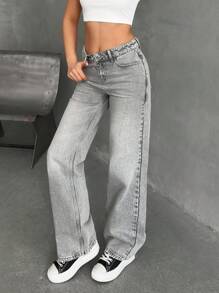 EURMUSE Low Waist Pocket Detailed Straight Jean - Grey - View 3