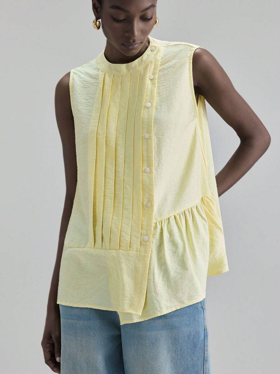 Ontre Áo cánh không tay họa tiết bèo nhún màu vàng kem thu 2025 dành cho nữ, phù hợp mặc văn phòng giáo viên, trang phục lễ hội âm nhạc, trang phục công sở thường ngày - Màu vàng - Xem 1