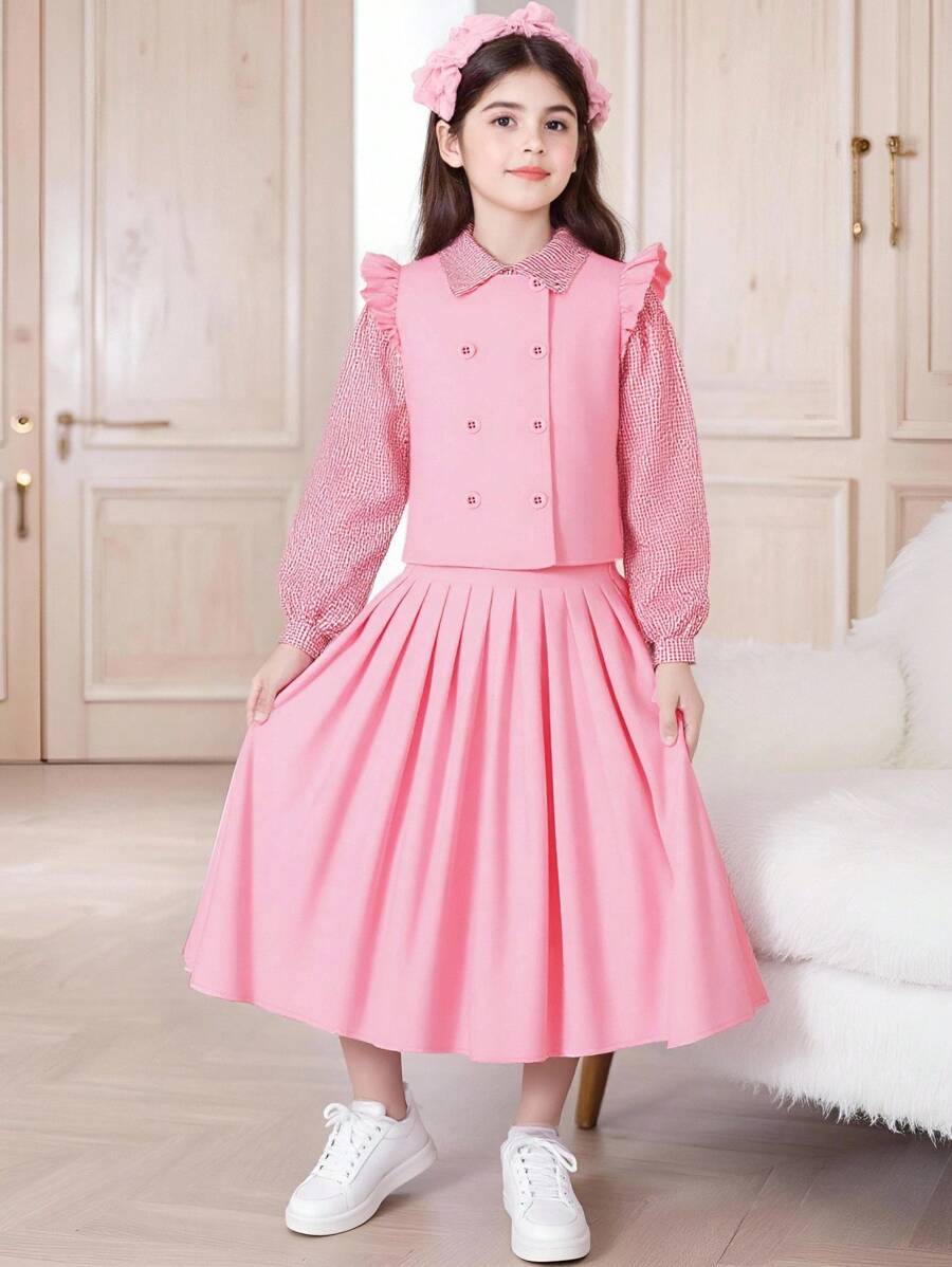 SHEIN 2 件女童甜美格子长袖翻领衬衫和中长 A 字裙套装，适合派对、郊游、学校、通勤、返校季、音乐节、休闲装 - 彩色 - 查看 1