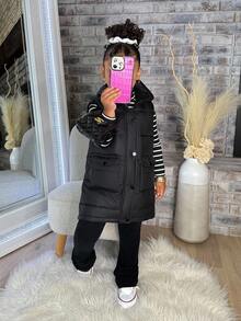 Emery Rose Kids Emery Rose Kids 少女无袖连帽收腰 MIDI 棉服外套，秋冬 - 黑色 - 查看 6