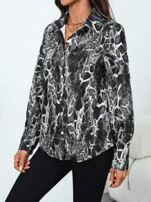 SHEIN Clasi Women's Casual Fashion Snake Skin Print Button Down Long Sleeve Shirt Fall Cloth For Women