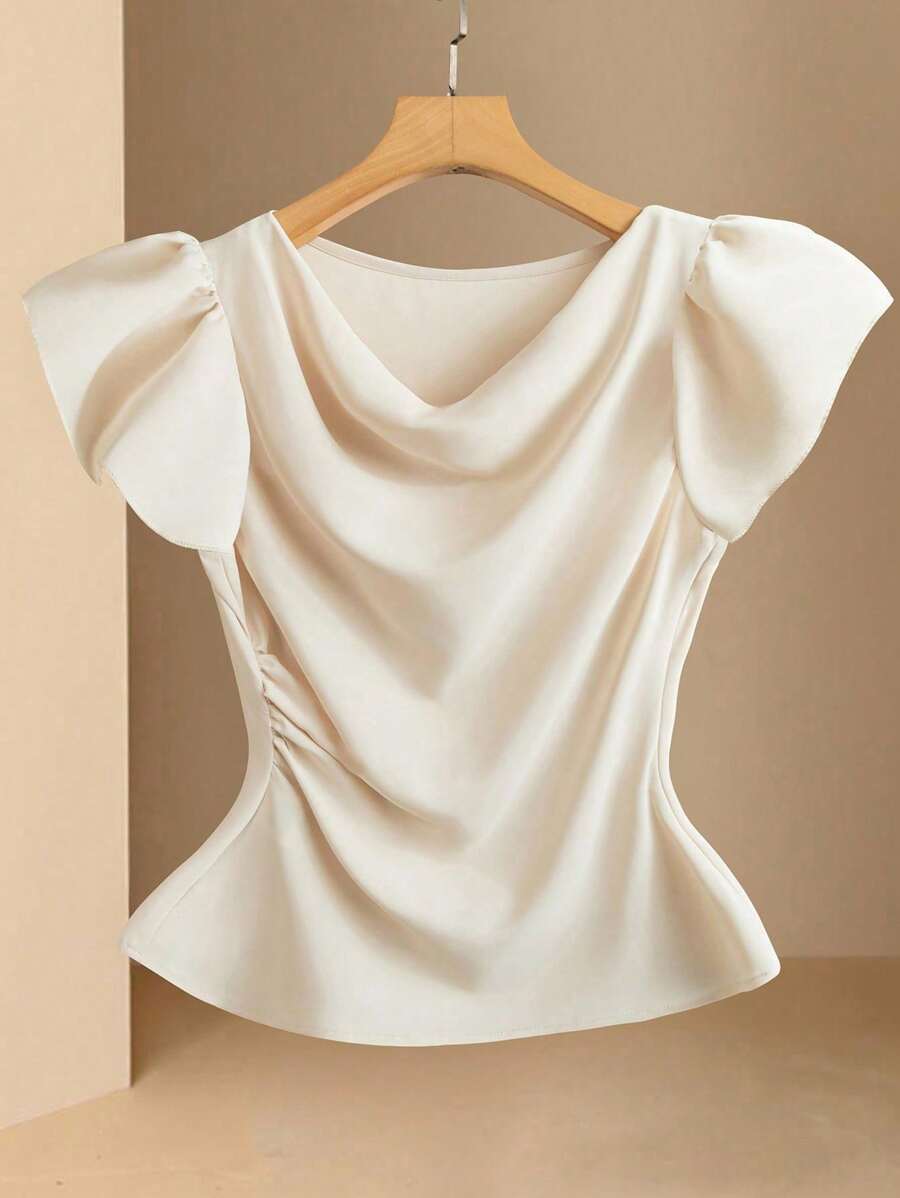 GlowEve CURVE Plus Size Asymmetric Ruched Collar Casual Shirt - Apricot - View 1