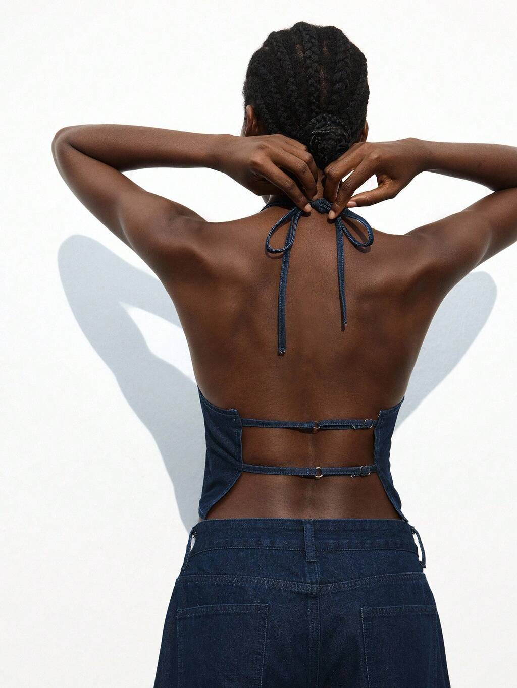 SHEIN Maija レディース ダークブルー デニムトップ セクシーオープンバック リボンタイ