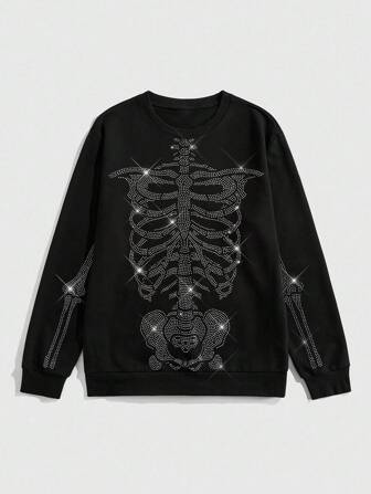 Goth Men's Rhinestone Skeleton Embellished Crew Neck Long Sleeve Sweatshirt, Halloween