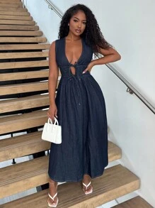 Alexandranx Women's Deep V Neck Sleeveless Casual Denim Wrap Dress - Blue - View 1