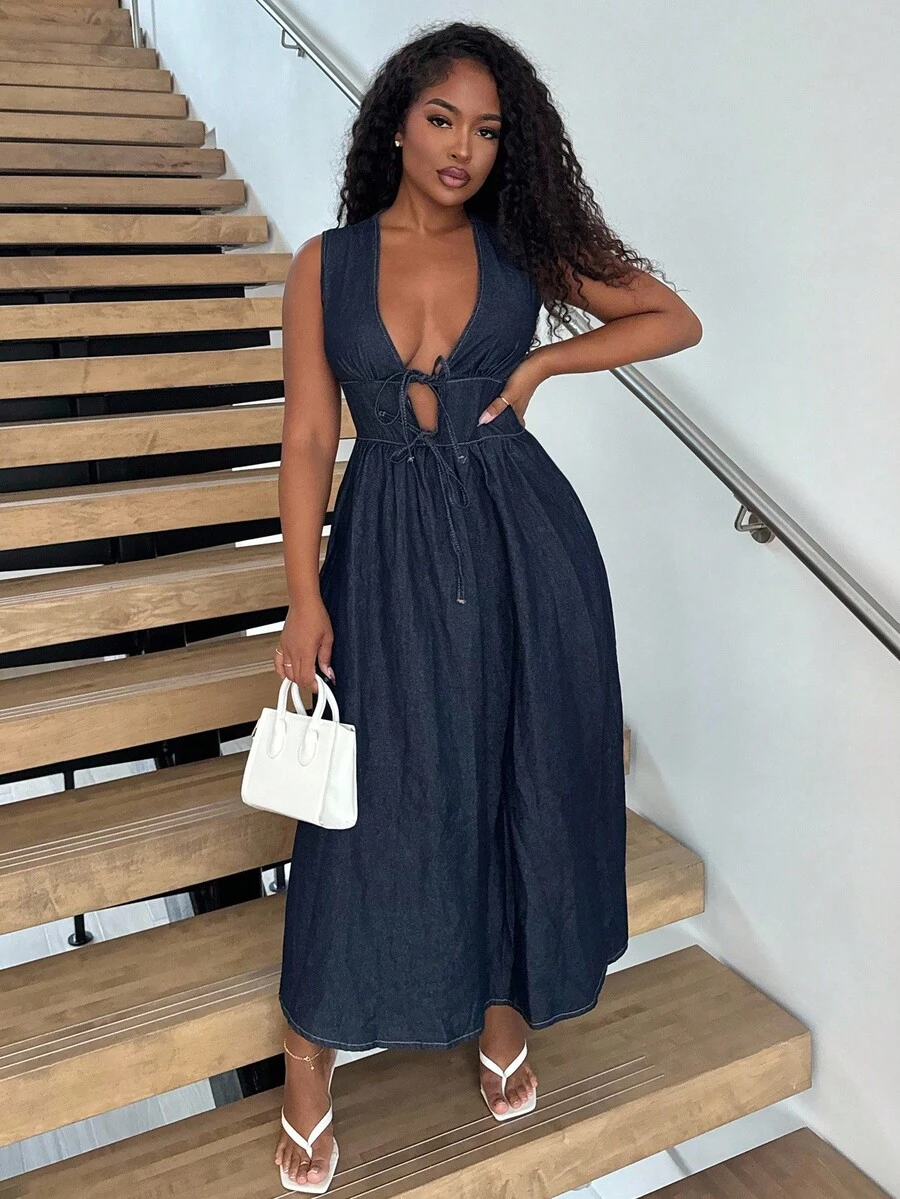 Alexandranx Women's Deep V Neck Sleeveless Casual Denim Wrap Dress - Blue - View 1