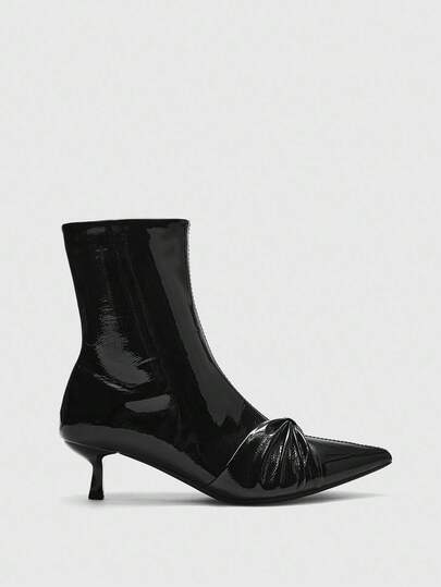 CUCCOO BIZCHIC Women's Black Patent Leather Pointed Toe Ankle Boots, 2025 New Autumn Boots, Low Heel Ankle Boots, Tight Fit Boots, Plus Size Fashion Boots