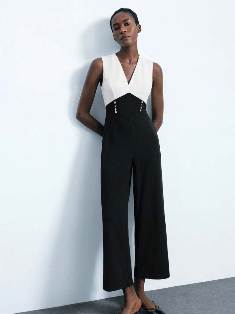 Maija 女式撞色V领无袖阔腿连体裤 - 黑與白 - 查看 1