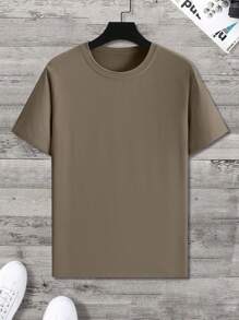 Manfinity Homme Camiseta casual de manga corta y cuello redondo de unicolor, versátil, para hombre de talla grande, para verano - Bronce - Ver 4