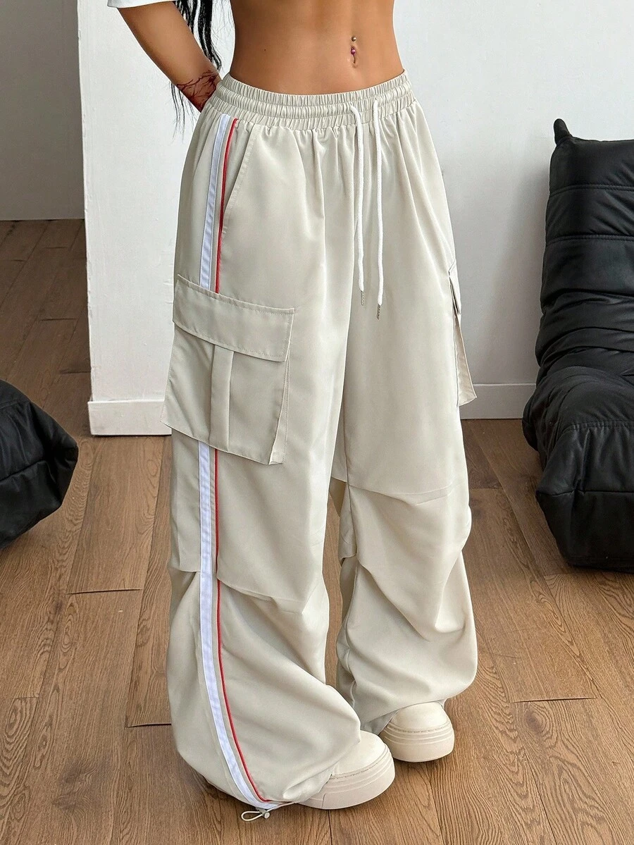 Coolane Quần ống rộng thể thao đơn giản có túi nắp bên hông, dây rút eo, màu kaki, thời trang dạo phố mùa hè và mùa thu cho nữ - Màu Khaki - Xem 1
