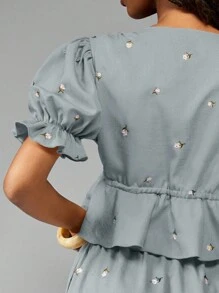 MISSGUIDED Puff Sleeve Embroidered Linen Feel Two Piece Coord Set Summer Cottagecore Style Spring Ruffle Trim Wide Leg High Waist Pants Beach Vacation Boho Resort Wear Collection - Blue - View 8