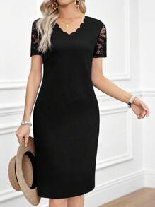 Miaspire Plus Size Women Elegant Short Sleeve Lace Patchwork Black Mini Dress, Gifts For Mother,Summer Holiday,Vacation Outfits Women,Simple And Fashionable For Everyday Wear,Vacay Vibes,Springbreak,Casual Wear SS,Bohemia