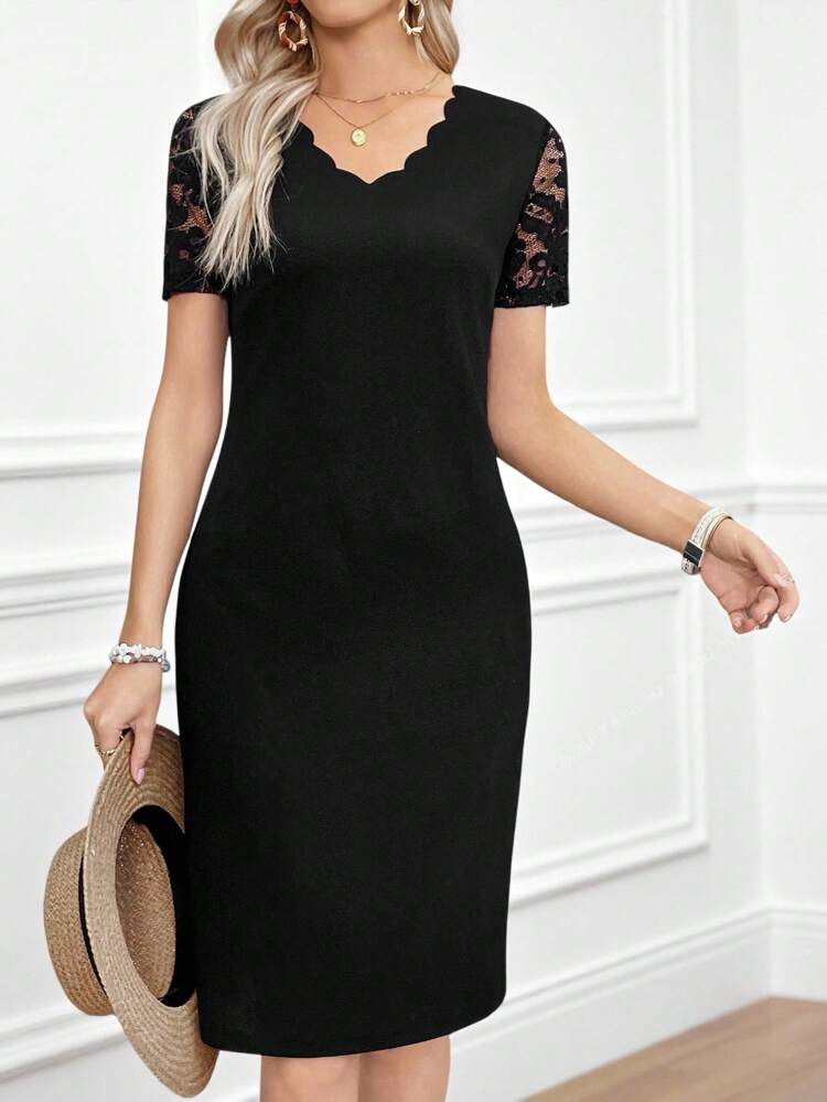 Plus Size Women Elegant Short Sleeve Lace Patchwork Black Mini Dress, Gifts For Mother,Summer Holiday,Vacation Outfits Women,Simple And Fashionable For Everyday Wear,Vacay Vibes,Springbreak,Casual Wear SS,Bohemia