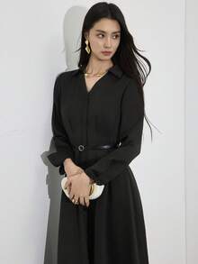 Heiryn Women's Elegant Commuter Solid Color Front Button Mid-Length Dress - Black - View 6