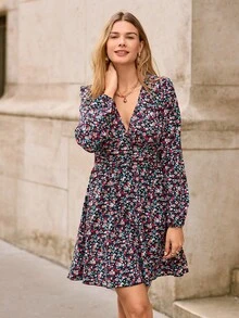 EMERY ROSE 女士 V 领长袖全身印花休闲短裙长袖连衣裙女士连衣裙优雅冬季女士连衣裙女士派对新年连衣裙女士聚会派对服装度假连衣裙、太阳裙