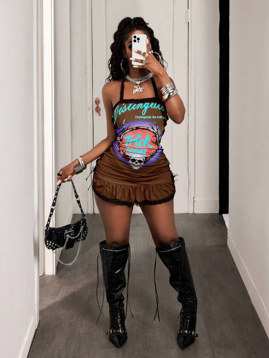 BamGleam Váy ngắn hở lưng thắt nút họa tiết đầu lâu đường phố tối màu gợi cảm cho nữ, mùa hè - Nhiều màu - Xem 1