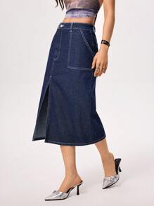 Rivivi Falda de mezclilla elegante y versátil con diseño de patchwork y cintura alta-baja - Azul lavado oscuro - Ver 5