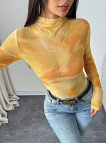 SHEIN Clasi 女式随机印花高领长袖上衣 - 黃色 - 查看 6