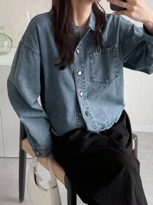 FRIFUL 女士休闲时尚街头拼接口袋落肩宽松毛边下摆短款牛仔夹克 - 藍色 - 查看 5