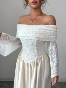 Modelyn Women's Autumn Knit Lace Patchwork Solid Color Off Shoulder Long Sleeve A-Line Dress - Apricot - View 5